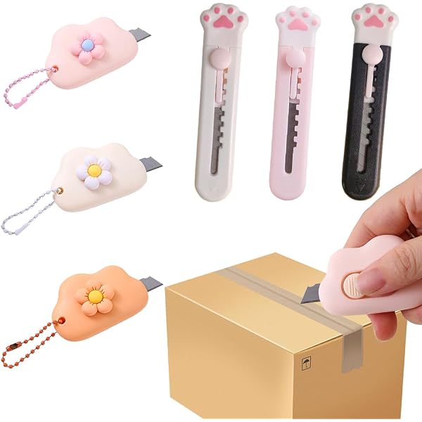 Lot De 4 Mini Coupe-boîtes Portables Avec Porte-clés - Ouvre-lettres Et Colis Rétractable, Lame En Acier Inoxydable - Design Nuage - 11