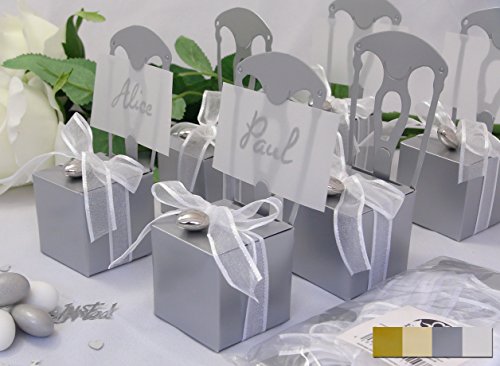 12x Kartonagen EinsSein® Gastgeschenke Hochzeit Tischkartenhalter Stuhl silber mit Namenskärtchen Hochzeitsmandeln Bonboniere Kartonage Geschenkboxen Geschenkbox Taufe Taufmandeln Tischkarten