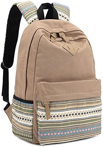 Casual Stripe Canvas Backpack Shoulders Bag Book Bag Rucksack Travel Bag Laptop Bag for Teenage Girls Boys Khaki
