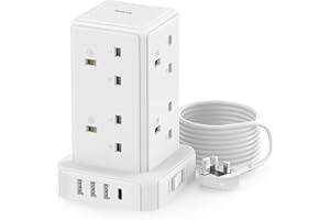 SAMERIVER Tower Extension lead Surge Protection Extension Lead with Switch (13A 3250W) 8 AC Outlets & 4 USB Ports Plug Extension Socket Extension Cable 2M Mini Power Strip for Home, Office