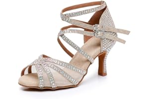 Rosefinch Chaussures de Danse Latine Strass Salsa Chaussures de Danse pour Femmes/Filles, Semelles Souples 5/7cm Talon 34-41EU