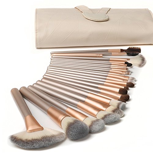 Ammiy®18 Pcs Makeup Brush Set Professional Wood Handle Premium Synthetic Kabuki Foundation Blending Blush Concealer Eye Face Liquid Powder Cream Cosmetics Lip Brush Tool Brushes Kit ( White Cream-colored Case Bag)