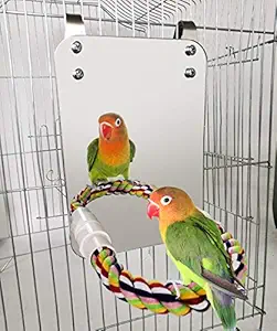 BWOGUE 7 Inch Bird Mirror with Rope Perch Cockatiel Mirror for Cage Bird Toys Swing Parrot Cage Toys for Parakeet Cockatoo Cockatiel Conure Lovebirds Finch Canaries