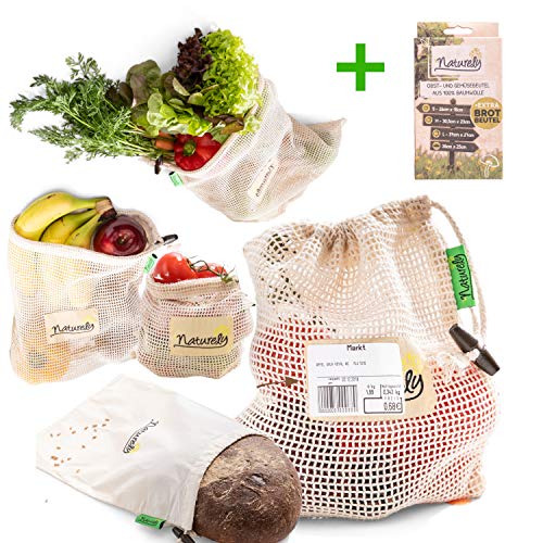 Naturely Gemüsenetze für den plastikfreien Einkauf aus nachhaltiger Bio Baumwolle (inkl Brotbeutel) | Überall Akzeptiert | Fair Hergestellt | Sticker-Klebefläche | Obstbeutel Wiederverwendbar