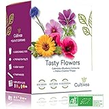 Cultivea Tasty Flowers – Bio Blumen Anzuchtset -100% Öko Samen – Indoor Garten – Das perfekte Geschenk – (Cosmos, Malva, Blue
