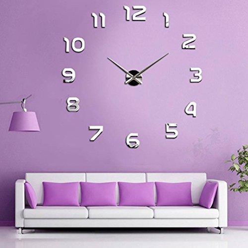 DIY Wanduhr Moderne Clock 3D Acryl Spiegel Metall Rahmenlose Wandaufkleber groß Uhren Style Raum Home Dekorationen Tolles Geschenk (Silber) - 2