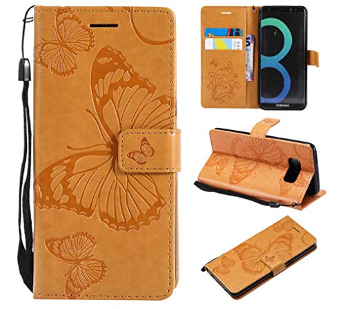 Preisvergleich Produktbild Galaxy S8 Hülle, Conber Lederhülle Handyhülle mit [Kostenlose Schutzfolie], PU Tasche Leder Flip Case Cover Emboss 50D Schmetterling Schutzhülle für SamsungGalaxy S8 - Gelb