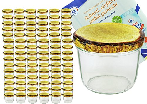 100er Set Sturzglas 230 ml Marmeladenglas Einmachglas Einweckglas To 82 Holzdekor Deckel incl. Diamant-Zucker Gelierzauber Rezeptheft