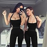 Longwu frauen ärmellose bodysuit schulterfreien rückenfrei elastischen eng anliegende sexy overall Schwarz-M -