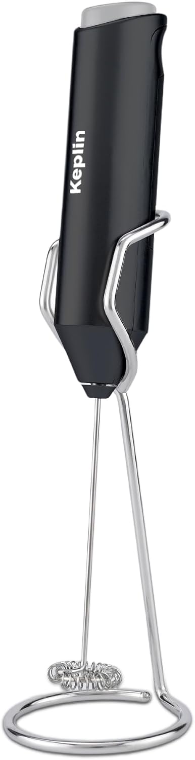 Keplin Handheld Milk Frother with Stand - Stainless Steel Electric Whisk - Portable Battery-Operated Coffee Frother for Lattes, Matcha, Protein Shakes - Ergonomic, Compact, Easy to Clean