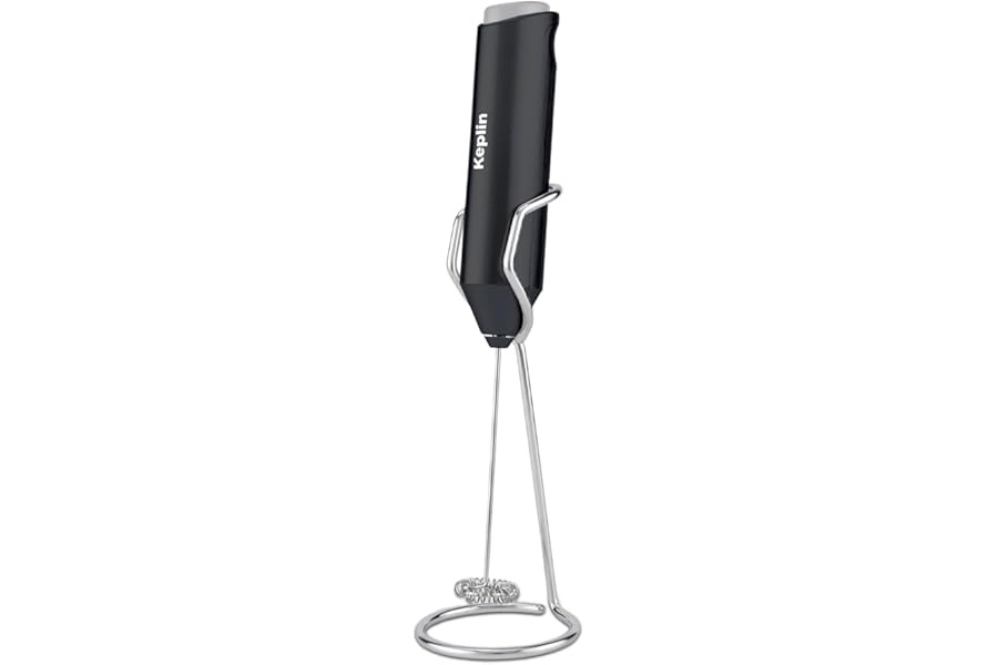 Keplin Handheld Milk Frother with Stand - Stainless Steel Electric Whisk - Portable Battery-Operated Coffee Frother for Lattes, Matcha, Protein Shakes - Ergonomic, Compact, Easy to Clean