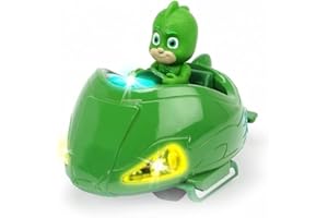 Dickie Toys PJ Masks Mission Racer Gekko, pojazd die-Cast z wolnym biegiem, światło i dźwięk, odtwarza melodię tytułu z serii, w zestawie figurka Gecko, 12 cm, zielony, wraz z bateriami