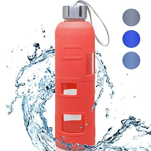 Glass Water Bottle 18 OZ With Silicone Sleeve Leak Proof Lid BPA Free For On The-Go Travel bottles A Glass Water Bottle 18 OZ With Silicone Sleeve Leak Proof Lid BPA Free For On The-Go Travel bottles A