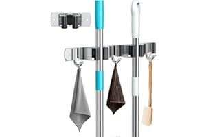 Organize First Accroche balai mural/Porte balai mural en acier inoxidable avec 2 emplacements et 3 crochets/support de rangement pour cuisine, buanderie, garage, jardin