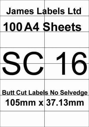 Laser Labels 100 A4 Sheets (White) SC16 Butt Cut No Selvedge 16 Labels Per Sheet 105mm x 37.13mm Guaranteed Not To Jam