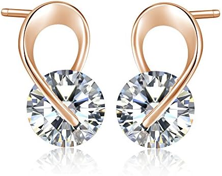 Stud Earrings 925 Sterling Silver Womens Girls Fashion Elegant Cubic Zirconia Happy Gifts Hypoallergenic Studs Rose-Gold