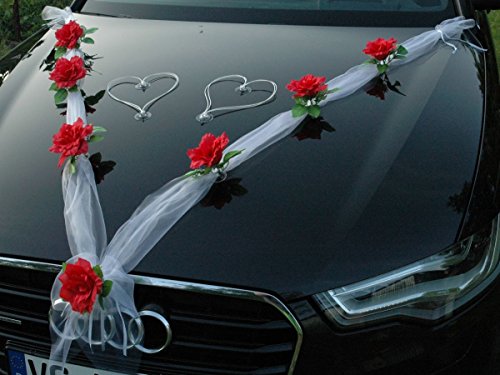 ORGANZA M + HERZEN Auto Schmuck Braut Paar Rose Deko Dekoration Autoschmuck Hochzeit Car Auto Wedding Deko Ratan (Rot / Weiß / Weiß) - 3