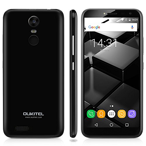 OUKITEL C8 - 3G Smartphone ohne Vertrag (5.5 Zoll, 18:9 Infinity Display, Android 7.0, MTK6580A Quad Core 1.3GHz, 2G RAM 16G ROM, Dual Kameras 13MP+5MP, WIFI, dual Blitzlichter, Fingerabdruk (schwarz)