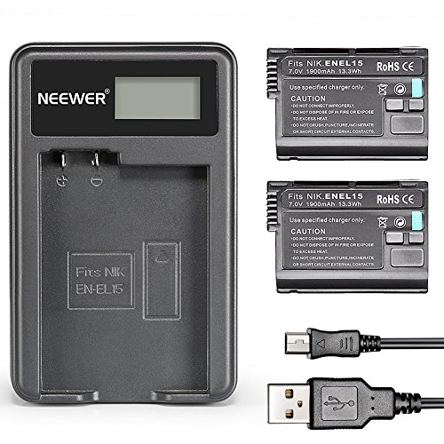 Neewer    Lot DE 2  7 0  V 1900  mAh EN-EL15  Batterie de Rechange   USB Chargeur de Batterie pour Nikon 1  V1  D600  D610  D7000  D7100  D750  D800  8000  S D800s D800E D810  MB-D11  MB-D12
