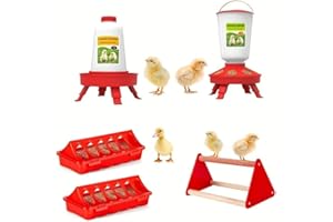 JOURNDREAM 5 x Automatic Feeder Chickens + Chicken Drinker Set 1 kg, Chick Feeder and Drinker Set with Chicken Perch, Suitable for Small Poultry such as Chickens, Ducks, Goose Down, Quails, Pigeons etc