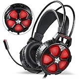 EasySMX Casque PC, Cool 2000 Casque Gaming avec Micro Anti Bruit LED Lampe Stéréo Basse, Casque Gamer pour PS4/PC/Xbox One/Mac/Smartphone (Noir+Rouge)