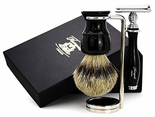 3 Pieces DE Safety Razor Set in Black. The Set Includes Pure Sliver Tip Badger Hair Brush, De Safety Razor and a Brush…
