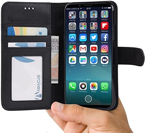 iPhone X Case by Abacus24-7®, Leather Wallet with Flip Cover, Credit Card Pockets and Stand, Black