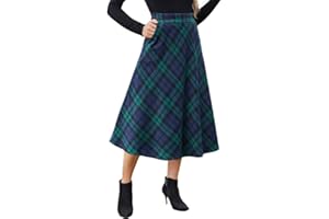 Alaster Queen Womens Long Plaid Skirt Ladies Midi High Elastic Waist Winter Pockets Skirts