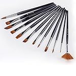 Camkey 12 Pieces Nylon Hair Paint Brush Set for Acrylic Watercolor and Oil Painting, Black