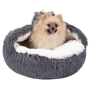 Neekor Cozy Hooded Cuddler Dog Cat Cave Bed, Covered Plush Donut Fluffy Cat Bed with Hoods, Snuggler Calming Burrowing Pet Bed Fuzzy Deep Pocket Anti Anxiety Dog Bed, Machine Washable (Dark Gray)
