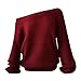 Produktbild Damen Herbst Strickpullover Basic Sweater Sexy EIN Wort Kragen Casual Lose Langarm Pulli Sweatshirt Bluse Oberteile Oversize Tops (Weinrot, XL/40)