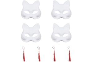 ATBUSS 4 máscaras blancas para gatos, 4 borlas rojas, máscaras artísticas para gatos de zorro en blanco, máscaras pintadas con DIY pintadas a mano para bailes de disfraces de Halloween