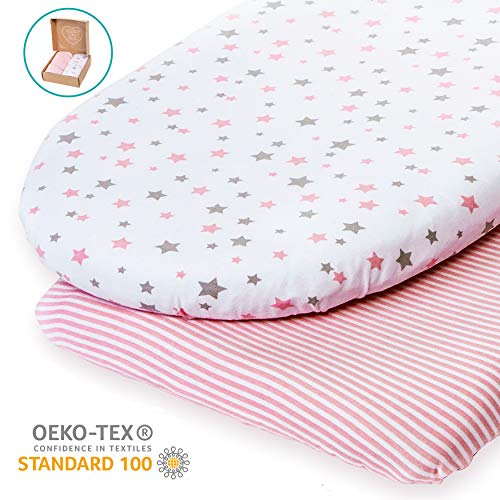 mimaDu 2x Premium Spannbettlaken 80x40, 90x40, 90x50 cm für Beistellbett, Stubenwagen, Wiegen - kuschelweich - 100% Baumwolle OEKO-Tex Jersey - oval oder eckig Babymatratze. (Rosa Grau)