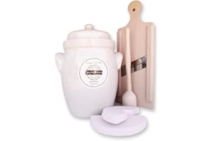 MS-Steinzeug Gärtopf-Set 5 L weiß bauchig Einmachtopf zum Konservieren, Fermentieren | Ideal für Vegetarier & Veganer | Inkl. Beschwerungsstein, Krautschneider, Stampfer, Krautgabel & Rezepte