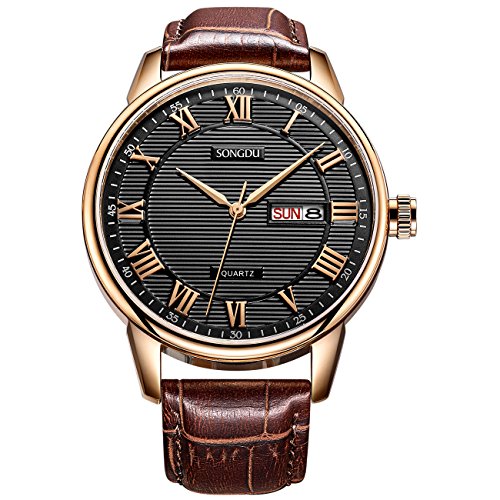 SONGDU Herrenarmbanduhr mit Tages- und Datumsanzeige, schwarzem Ziffernblatt mit messingfarbenen, rmischen und weien, arabischen Ziffern und braunem Lederarmband SONGDU Herrenarmbanduhr mit Tages- und Datumsanzeige, schwarzem Ziffernblatt mit messingfarbenen, rmischen und weien, arabischen Ziffern und braunem Lederarmband