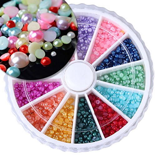 500pcs 2mm Nail Art Half Round Pearls Rhinestone Decorations 12 Colors Wheel