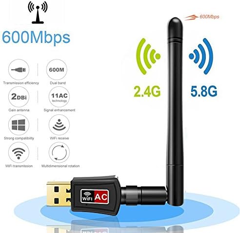 Wireless USB WiFi Adapter 600Mbps Dual Band 2.4G/150Mbps + 5.8G/433Mbps IEEE802.11 ac/n/g/b/a USB Wifi Dongle with High-gain Antenna for Windows Vista/XP/2000/7/8/10, Linux, MAC OS