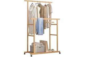 unho Stand Appendiabiti Doppio con Ruote: Servo Muto Appendiabiti da camera Appendiabiti in Legno di Bambu da Terra Salvaspazio da Ingresso Porta Abiti da camera Spogliatoio Soggiorno