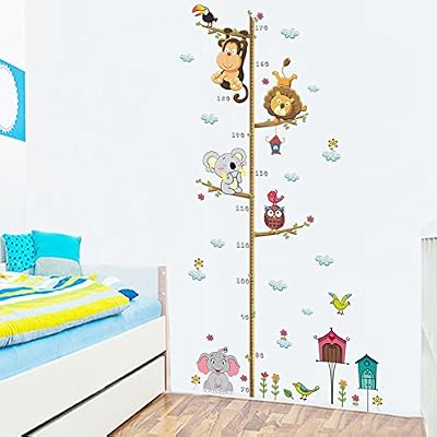 Wallpark Dessin animé Animal Zoo Mignon Éléphant Lion Hibou Singe Arbre Croissance Hauteur Toise Amovible Stickers Muraux Autocollants, Enfants Bébé Chambre Pépinière DIY Décoratif Stickers Mural