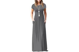 AUSELILY Damska sukienka maxi z krótkim rękawem, luźna, z kieszeniami