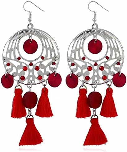 Hmeng Women Gorgeous Retro Earring Crystal Rhinestones Wool Tassels Earring (Red)