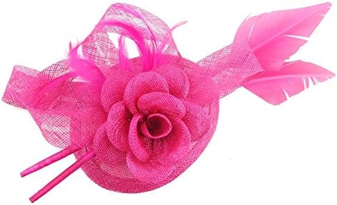 Hot Pink Sinamay Flower &amp; Bow Hair Fascinator with 2 Arrow Head Feathers on Tear Drop Base - Formal, Wedding, Bridal, Special Occasion
