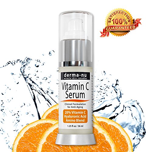 Vitamin C Serum for Face with 20% Vitamin C and Hyaluronic Acid By Derma-nu - Organic Skin Treatment to Repair Sun Damage and Reduce Wrinkles - 1.25oz