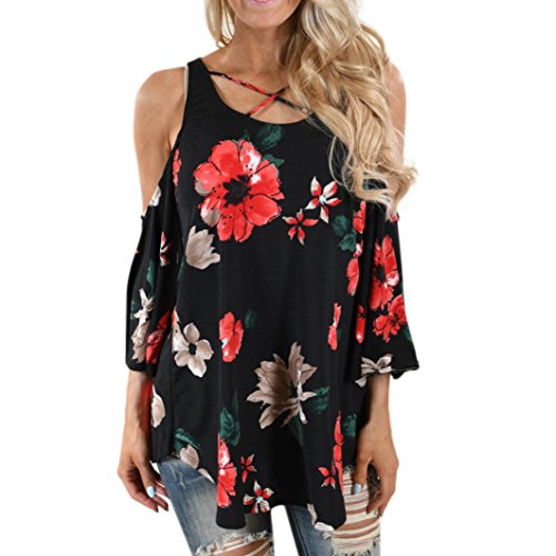 Damen Bluse Internet Blumen Druck T-Shirt Drei Viertel Hülse weg von Schulter Bluse (S)