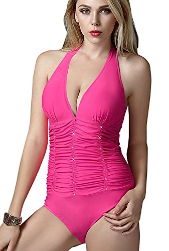 Women's Retro Vintage One Piece Ruched Jewel Embellished Pin Up Swimsuit