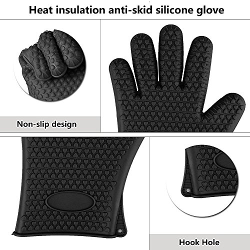 KKtick Ofenhandschuhe Silikon Heat Resistant Grill Zubehör Kitchen Tools für Ihre Indoor&Outdoor Bedürfnisse Kochen, Widerstandshochtemperatur, Wärmedämmung, Superb Grip Oven mitts- 1 Paar(Schwarz) - 6