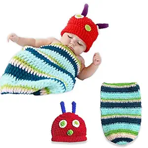 Bembika Lovely Knitted Blue Green Caterpillar Wrap/Sleeping Bag with Cap Photography Prop (Set of 2)