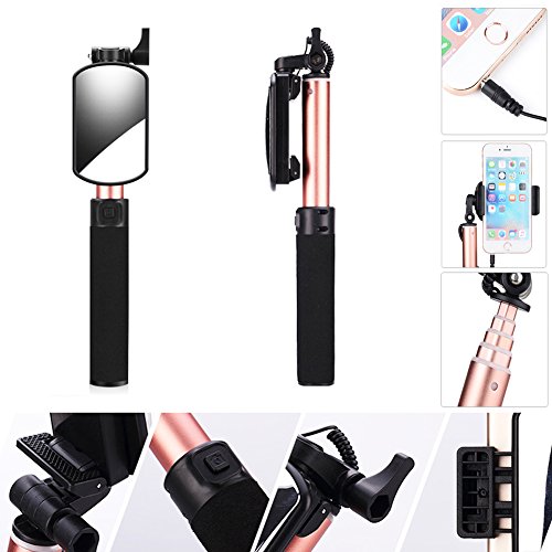 Bluetooth Palo selfie, palo selfie trípode extensible, palo selfie monopié con gran visor, soporte minitrípode, espejo trasero, mando a distancia por Bluetooth y disparador a distancia con cable incorporado para smartphones iOS y Android