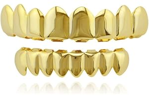 gotyou Grilles de Dents de Hip-hop d'or pour la Bouche Haut Bas,Grille de Dents Brillant our la Bouche Top Bottom,Avec 2 Barres de Moulage en Silicone de qualité Alimentaire, Cadeau pour Rappeur,Noël