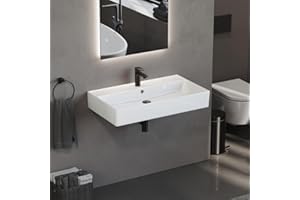 ‎AQUA BAGNO Aqua Bagno Waschbecken 80 cm breit – moderner Waschtisch fürs Badezimmer, rechteckiges Aufsatzwaschbecken aus Keramik mit dünnem Rand zur Wandmontage, pflegeleichtes Bad-Waschbecken